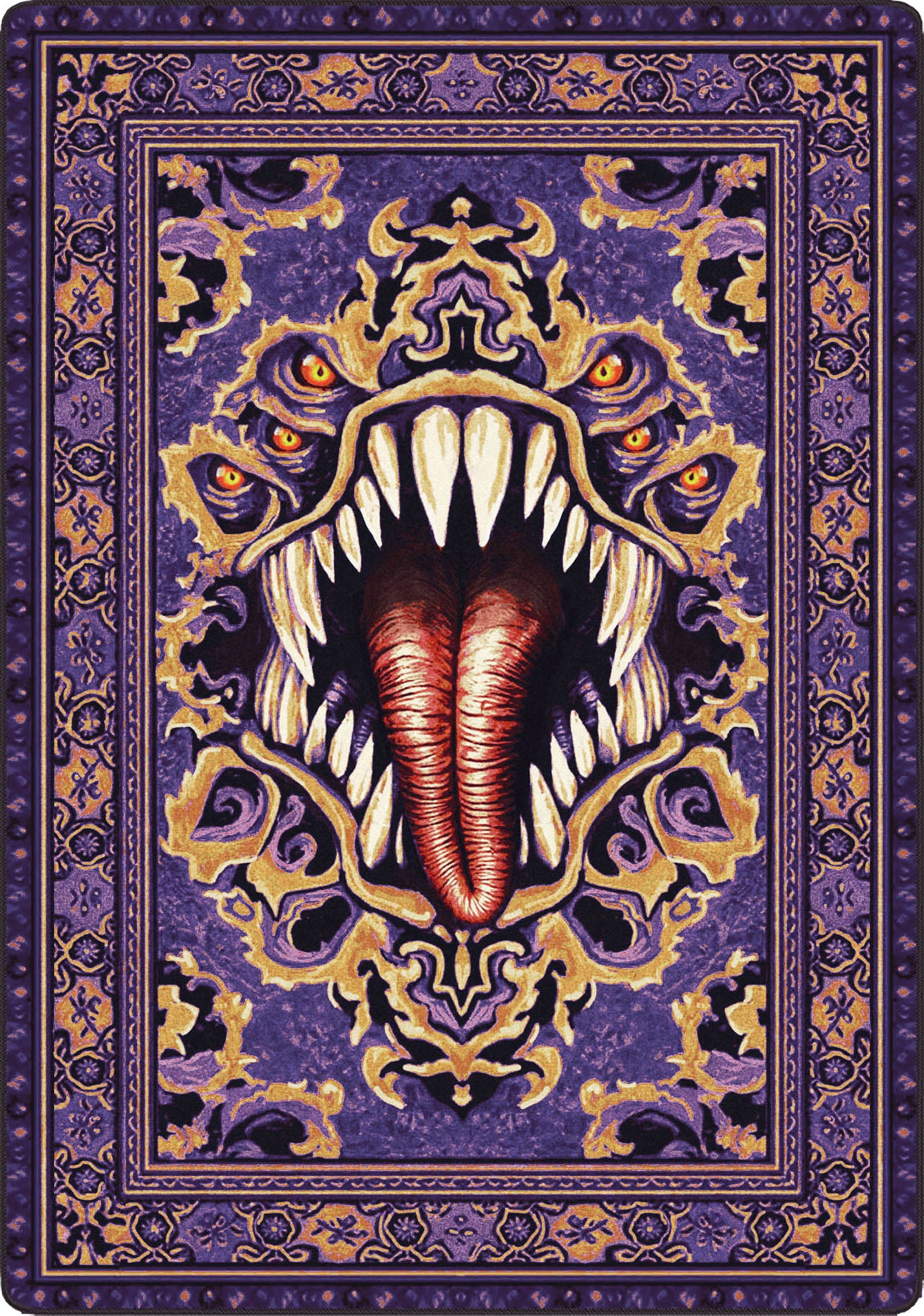 Decorative rug with a central design of a creature's face on a purple background