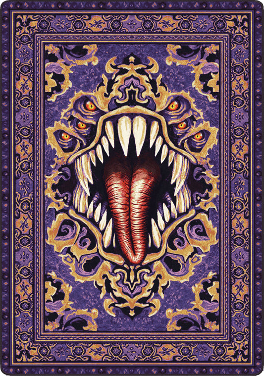 Decorative rug with a central design of a creature's face on a purple background