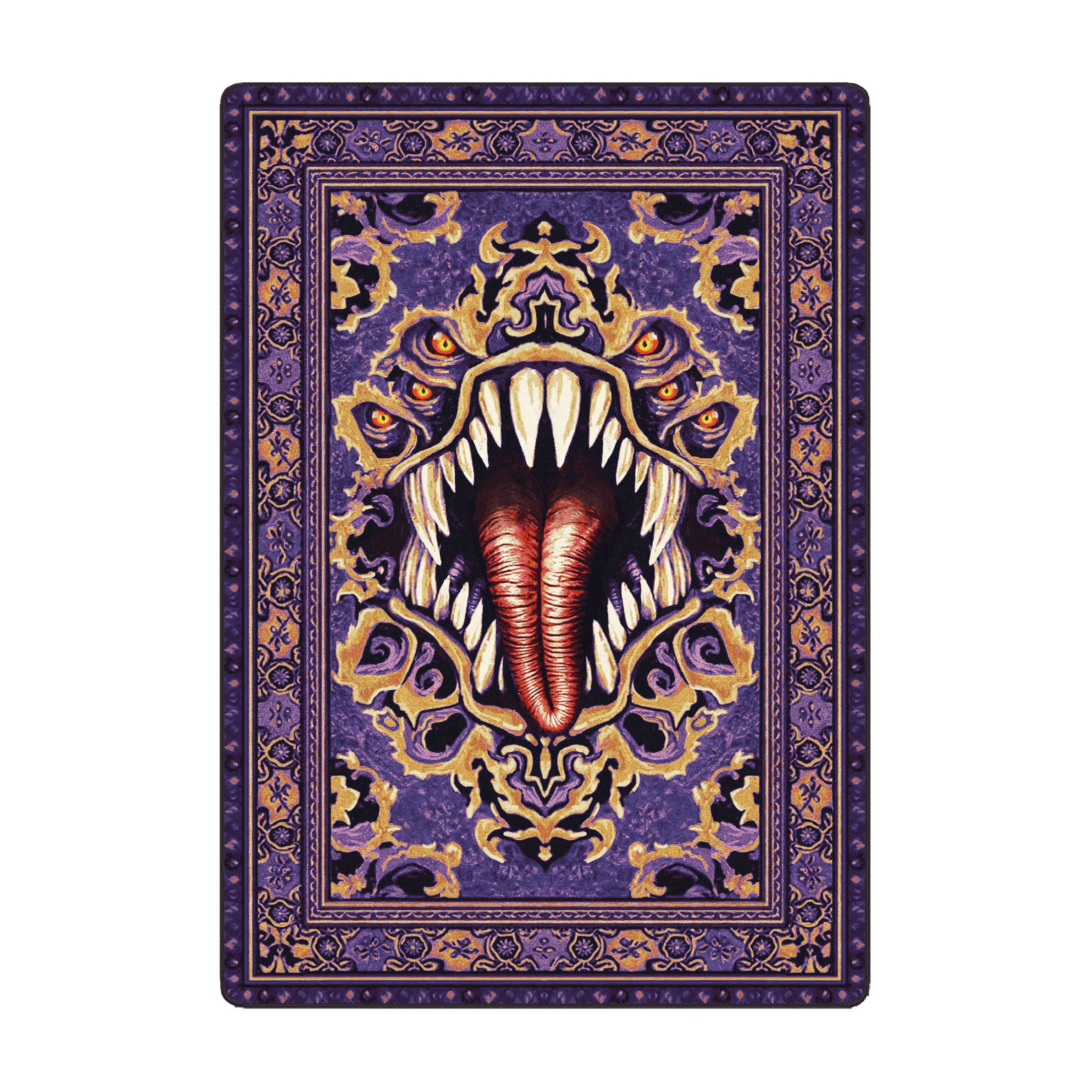 Purple mimic rug with monstrous mouth and fanged design—perfect for fantasy game rooms and dungeon-inspired decor