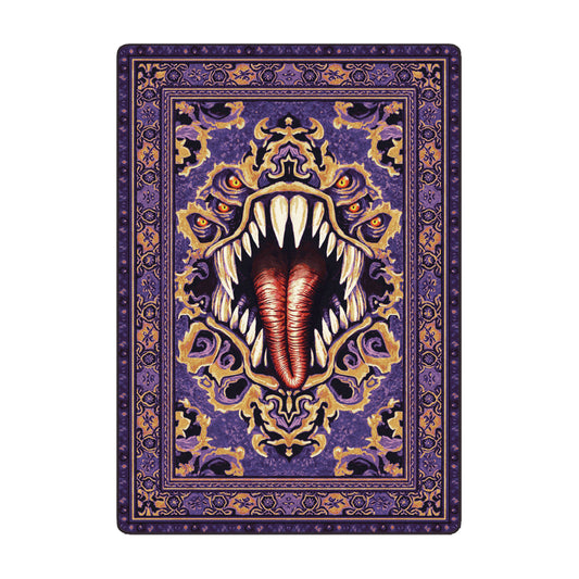 Purple mimic rug with monstrous mouth and fanged design—perfect for fantasy game rooms and dungeon-inspired decor