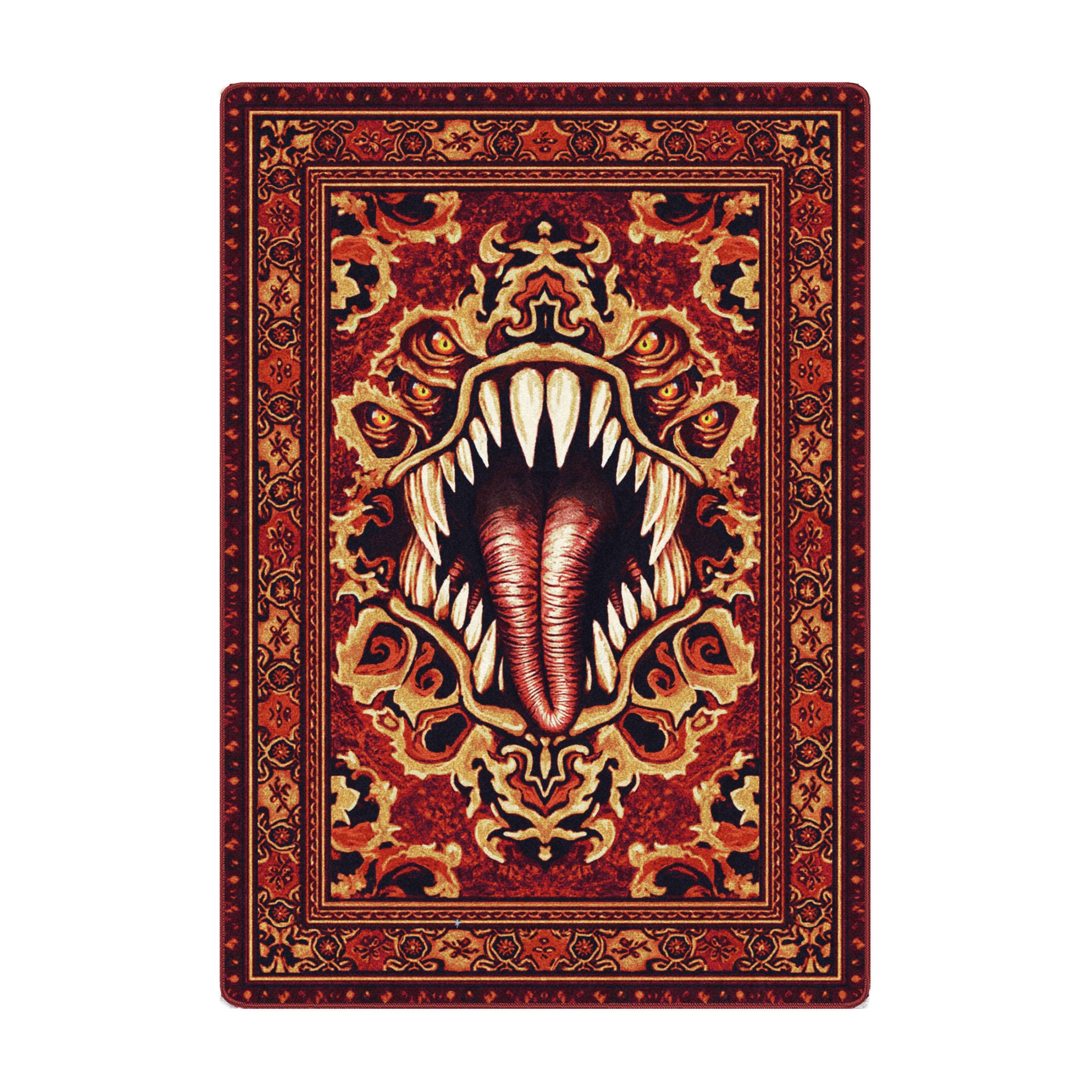Mimic rug in 5x8 featuring a fiery red and gold design with a monstrous gaping mouth and sharp teeth, styled like a traditional Persian medallion rug with a horror twist.
