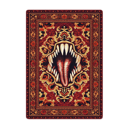 Mimic rug in 5x8 featuring a fiery red and gold design with a monstrous gaping mouth and sharp teeth, styled like a traditional Persian medallion rug with a horror twist.
