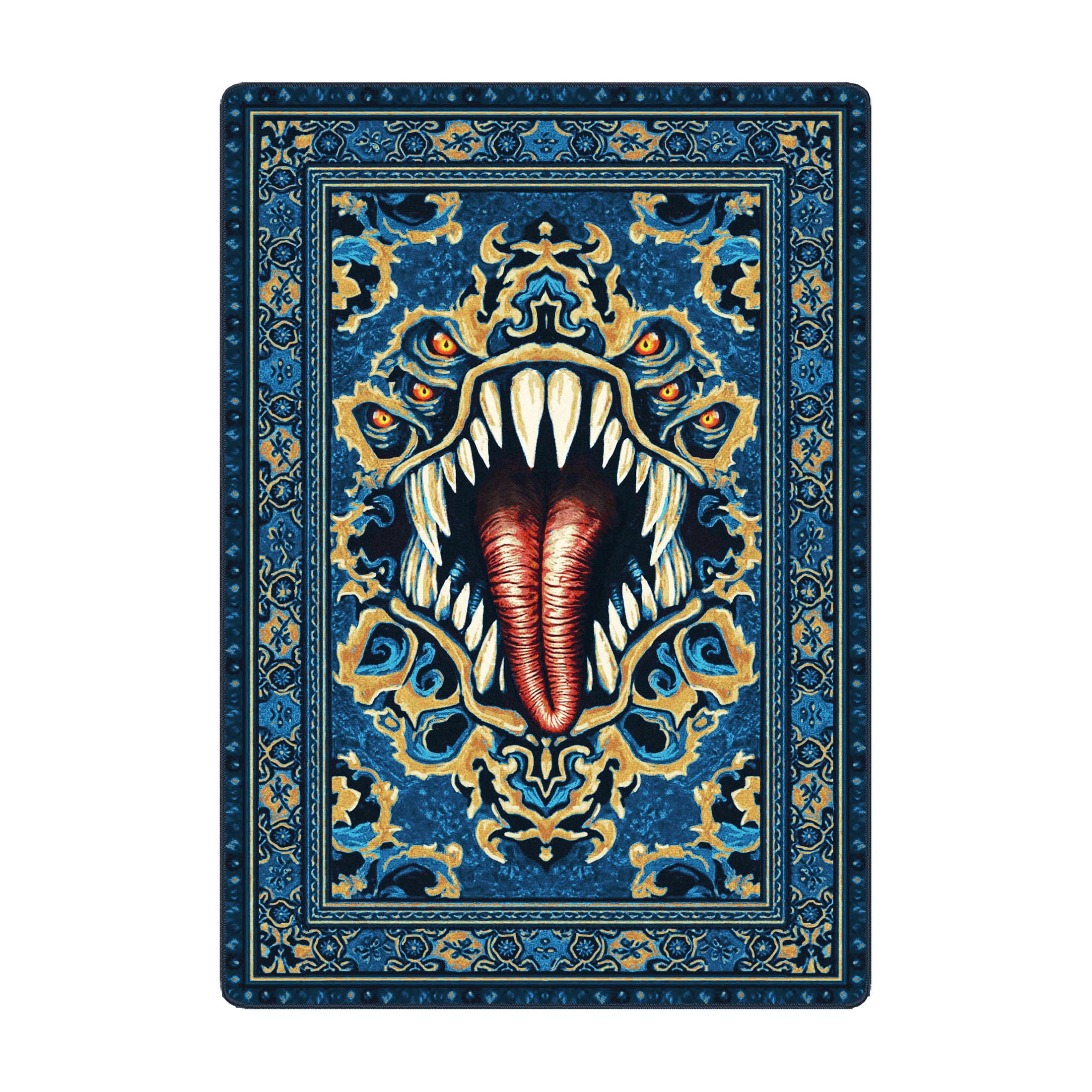 Medium Blue mimic-themed area rug for game rooms with sea adventure, pirate or aquatic-dungeon-inspired design and fantasy flair