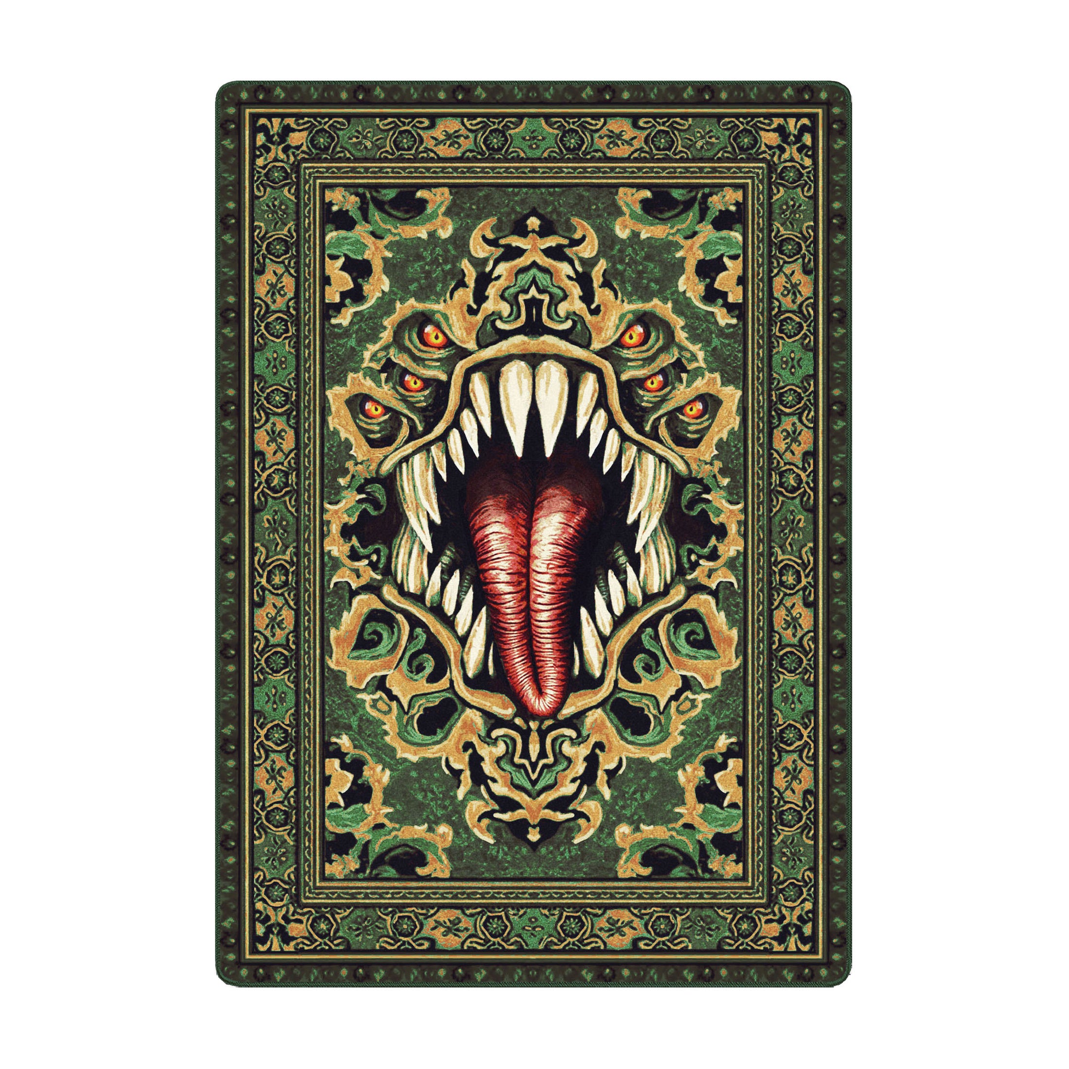 Green mimic rug with monstrous mouth design—fantasy-themed decor for game rooms and dungeon-inspired spaces