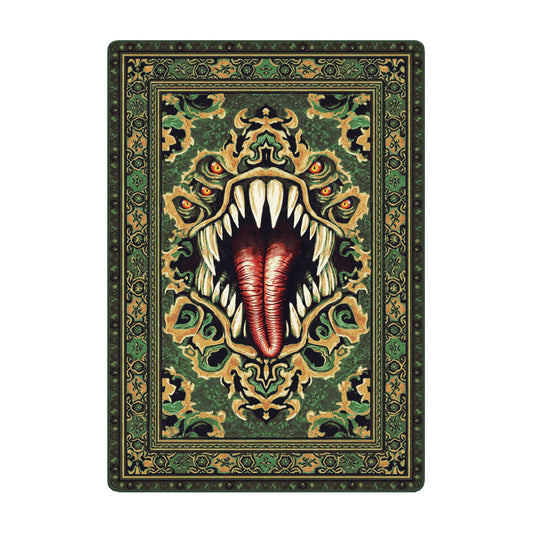 Green mimic rug with monstrous mouth design—fantasy-themed decor for game rooms and dungeon-inspired spaces