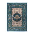 Load image into Gallery viewer, 5x8 area rug featuring a parchment-toned field with teal and gold floral scrollwork and a central medallion, inspired by nautical maps and celestial navigation