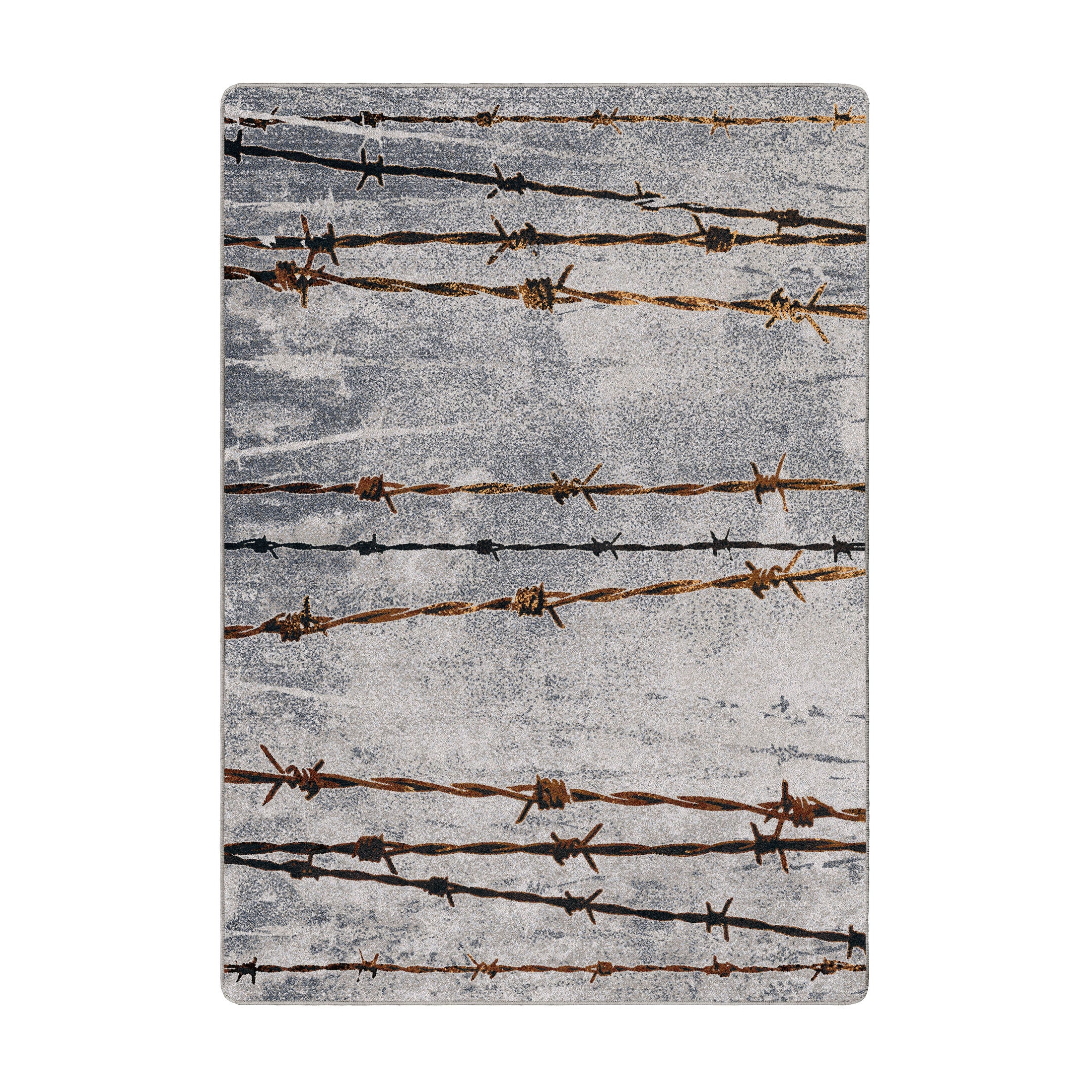 Rectangular game room rug with barbed wire design and weathered gray texture—perfect for post-apocalyptic, outlaw, or industrial-themed TTRPG setups.