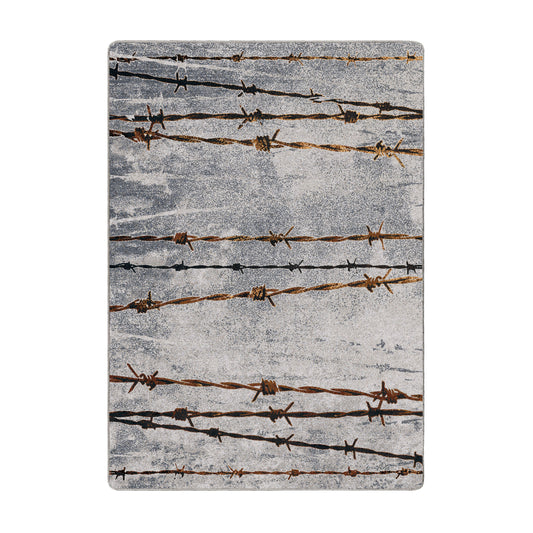 Rectangular game room rug with barbed wire design and weathered gray texture—perfect for post-apocalyptic, outlaw, or industrial-themed TTRPG setups.