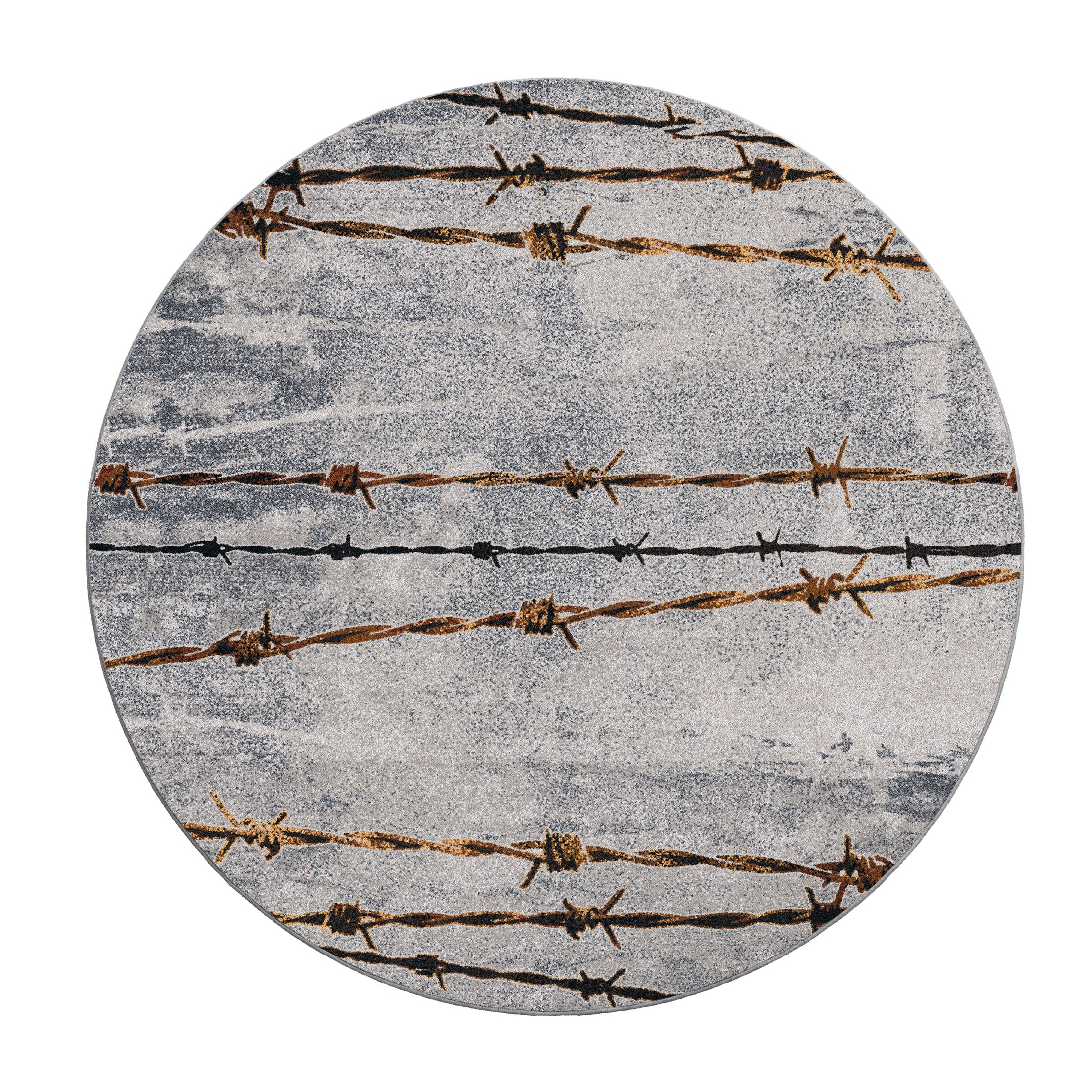 Round game room rug featuring rusted barbed wire on a concrete-style background—adds grit and atmosphere to fantasy or RPG spaces.