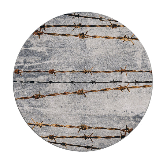 Round game room rug featuring rusted barbed wire on a concrete-style background—adds grit and atmosphere to fantasy or RPG spaces.