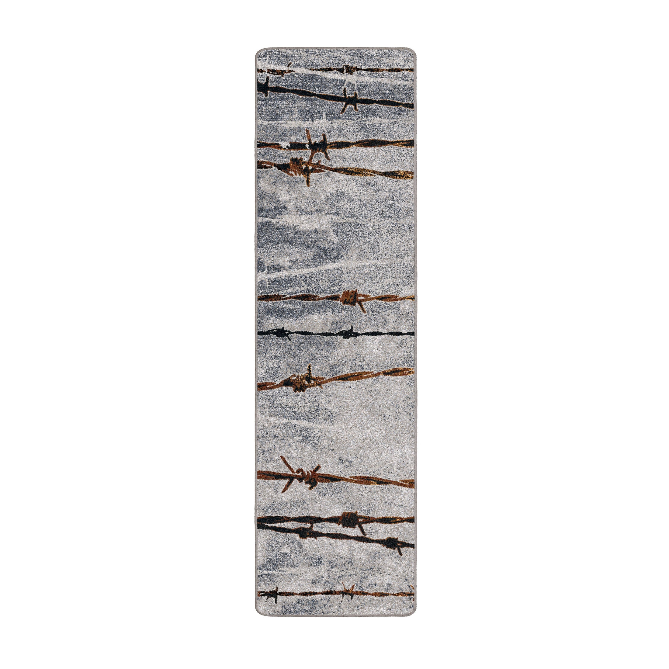 Runner-style game room rug with a distressed gray base and barbed wire motif—ideal for hallways, behind-the-DM setups, or dramatic entrances.