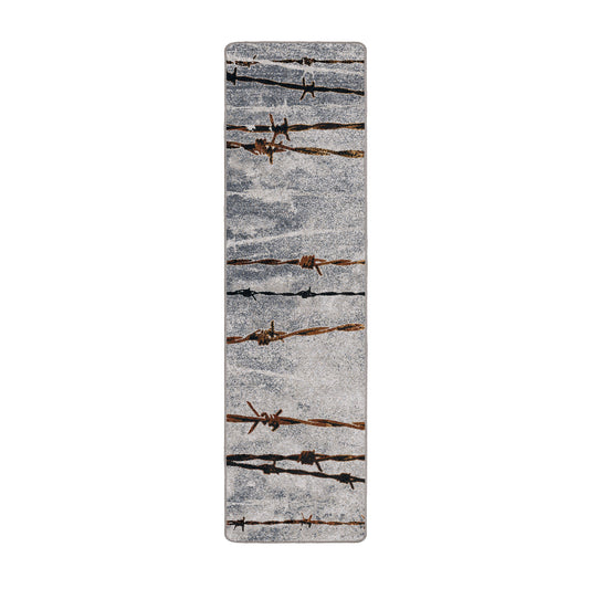 Runner-style game room rug with a distressed gray base and barbed wire motif—ideal for hallways, behind-the-DM setups, or dramatic entrances.