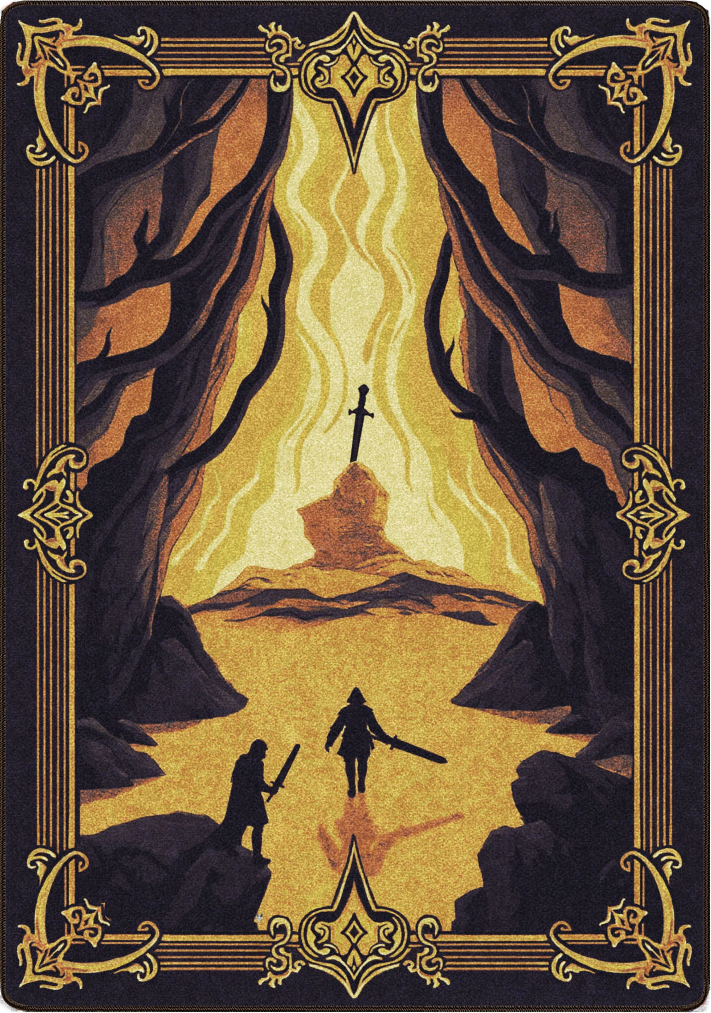 trpg and game room rug with figures with swords approaching a sword in the stone legendary tabletop campaign scene