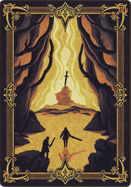 trpg and game room rug with figures with swords approaching a sword in the stone legendary tabletop campaign scene