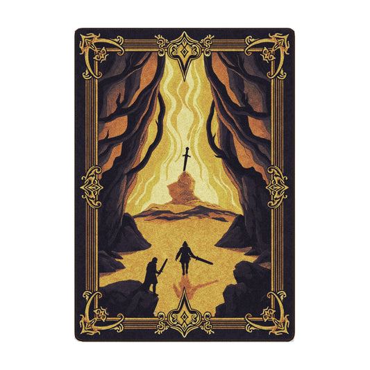5x8 Oathkeeper’s Dawn Rug for game room featuring a glowing fantasy scene of two adventurers approaching a floating sword, set between towering cliffs in golden sunrise tones.