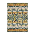 Load image into Gallery viewer, 5x8 area rug with a tribal-inspired symmetrical pattern in gold, green, rust, and cream tones, evoking primal energy and totemic power