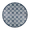 Load image into Gallery viewer, 8x8 round Prismspire rug with symmetrical diamond grid pattern in navy and cream, designed for circular spaces or centerpieces