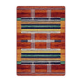 Load image into Gallery viewer, 5x8 area rug with bold white linework and deep red, green, and gold horizontal stripes over a warm bourbon-colored background