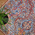 Load image into Gallery viewer, The Redreach Rug styled with a nearby potted plant, emphasizing its warm color palette and ceremonial, natural ambiance