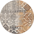 Load image into Gallery viewer, Round Sandveil Map area rug in 8x8 size with tribal-inspired patterns in sun-washed gold, rust, and charcoal.