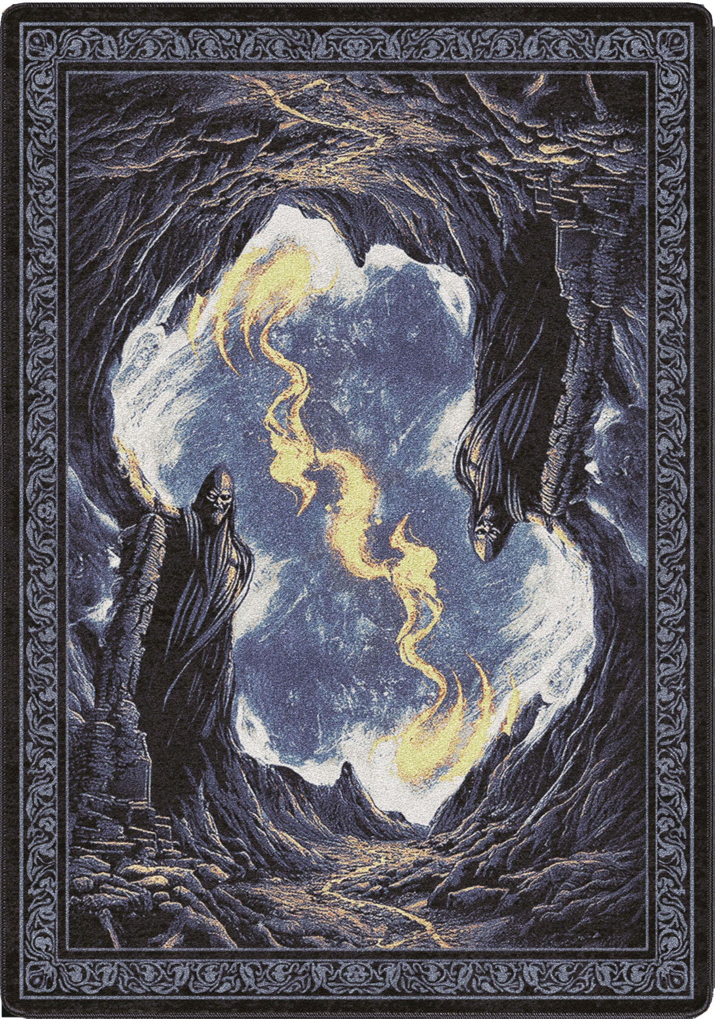 Artistic depiction of a hooded figures in a mountainous landscape ug for ttrps spaces and game rooms