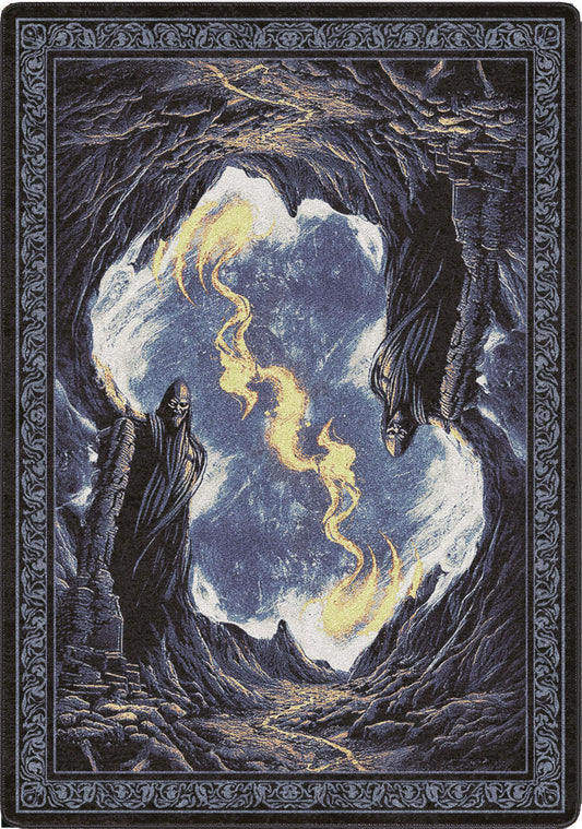 Artistic depiction of a hooded figures in a mountainous landscape ug for ttrps spaces and game rooms