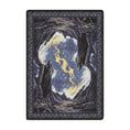 Load image into Gallery viewer, Silent Watch Rug for game room s
featuring a mirrored cave scene with two robed stone sentinels and a glowing portal sky with swirling light above a winding path