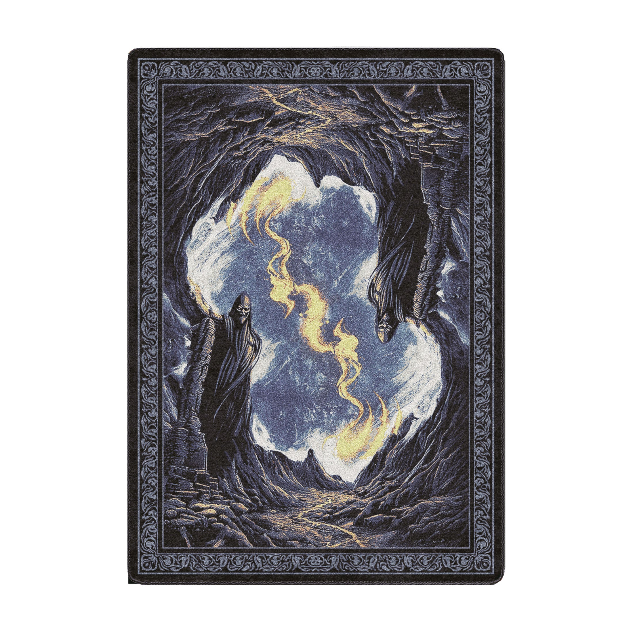 Silent Watch Rug for game room s
featuring a mirrored cave scene with two robed stone sentinels and a glowing portal sky with swirling light above a winding path