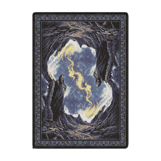Silent Watch Rug for game room s
featuring a mirrored cave scene with two robed stone sentinels and a glowing portal sky with swirling light above a winding path