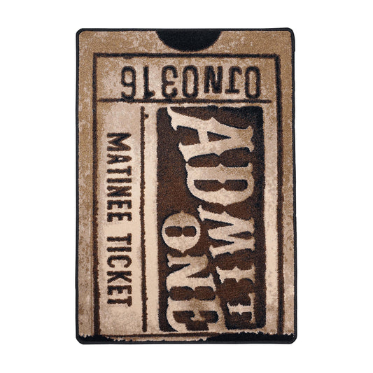 Silver Screen rug shown flat on a white background, styled like a vintage movie ticket in soft antique tones