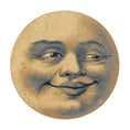 Load image into Gallery viewer, Round rug featuring a vintage-style smiling moon face in pale gold and slate blue. Ideal for game rooms, elestial-themed rooms, nurseries, or whimsical home decor.