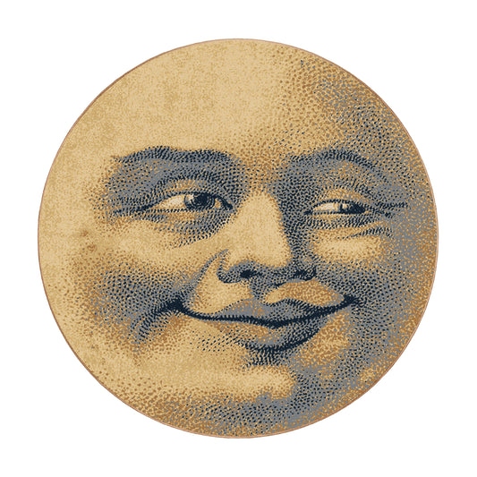 Round rug featuring a vintage-style smiling moon face in pale gold and slate blue. Ideal for game rooms, elestial-themed rooms, nurseries, or whimsical home decor.