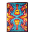Load image into Gallery viewer, Strummoner area rug featuring a mirrored tie dye guitar design in bold red, blue, and yellow tones—ideal for game rooms, stream setups, and creative spaces