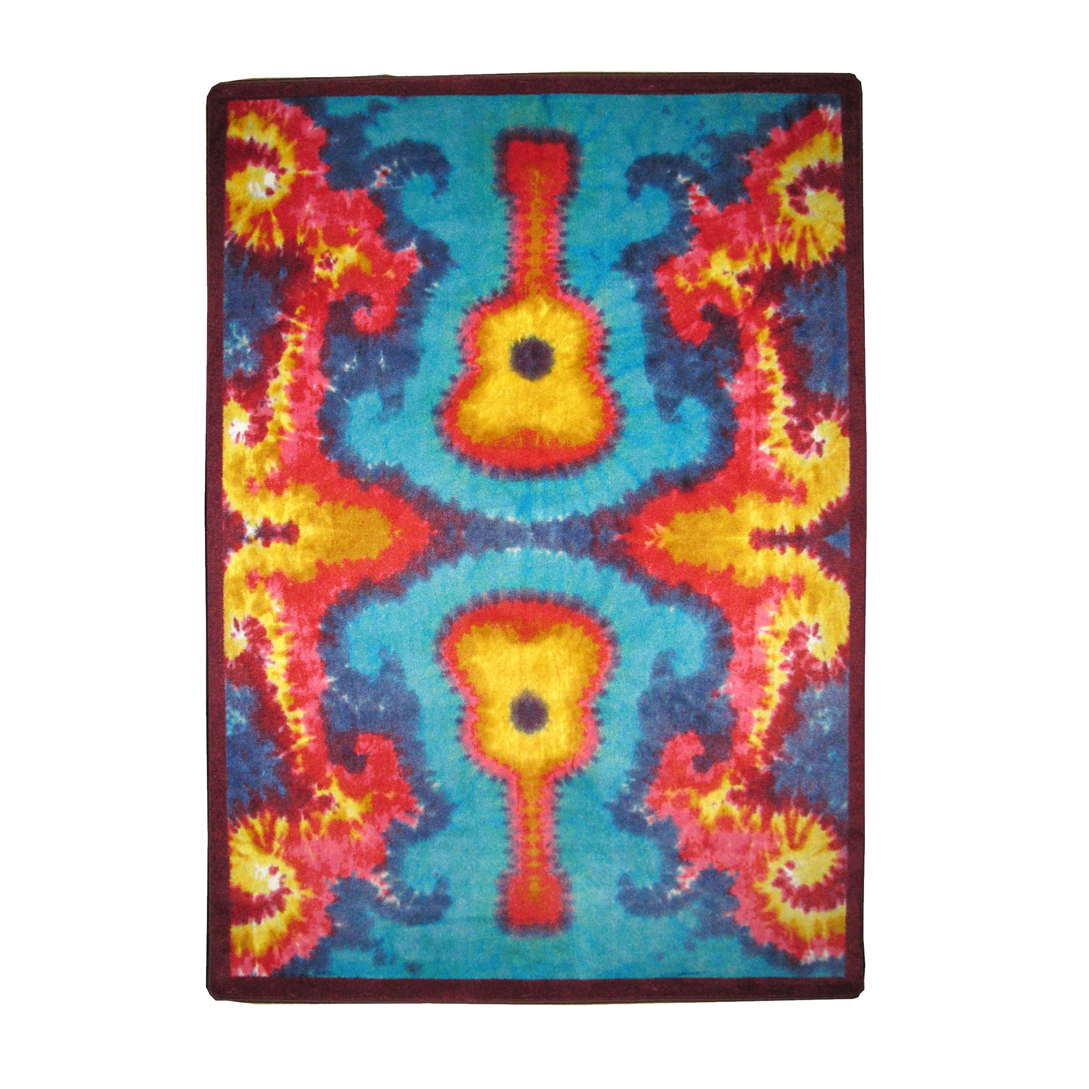 Strummoner area rug featuring a mirrored tie dye guitar design in bold red, blue, and yellow tones—ideal for game rooms, stream setups, and creative spaces