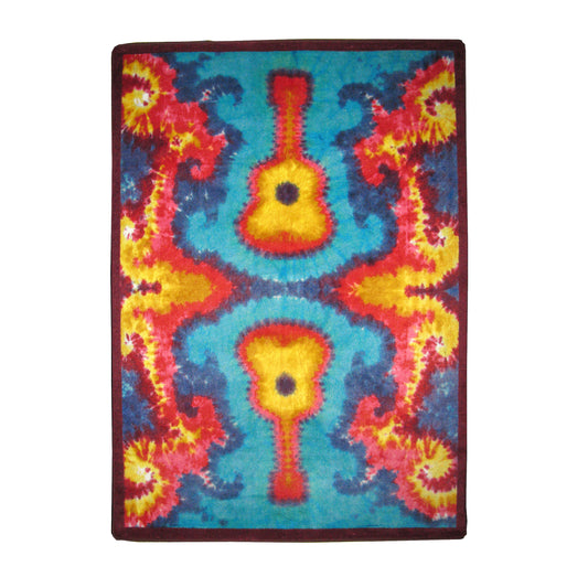 Strummoner area rug featuring a mirrored tie dye guitar design in bold red, blue, and yellow tones—ideal for game rooms, stream setups, and creative spaces