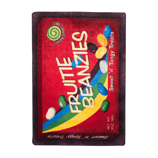 Sugar Rush rug shown flat with a candy-themed design featuring colorful jellybeans and bold red background