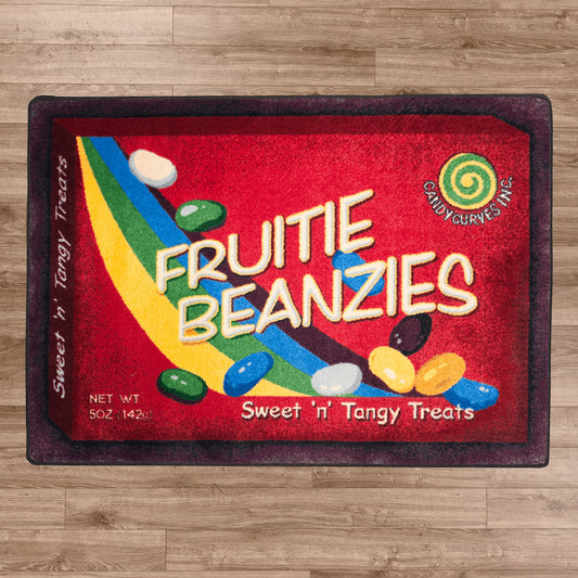Sugar Rush rug styled on a wood floor, with bright candy colors and a nostalgic movie theater snack box look