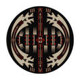 Load image into Gallery viewer, Round game room rug featuring The Bandit King's symmetrical tribal design in red, black, and ivory