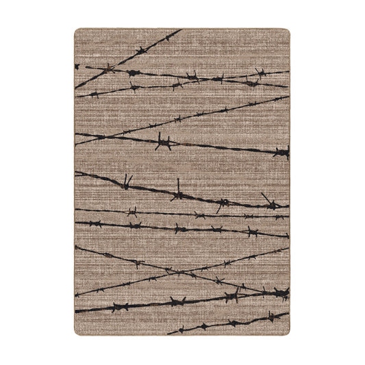 Rectangular game room rug with barbed wire design over a neutral concrete-toned background. Ideal for modern, industrial, or post-apocalyptic spaces.