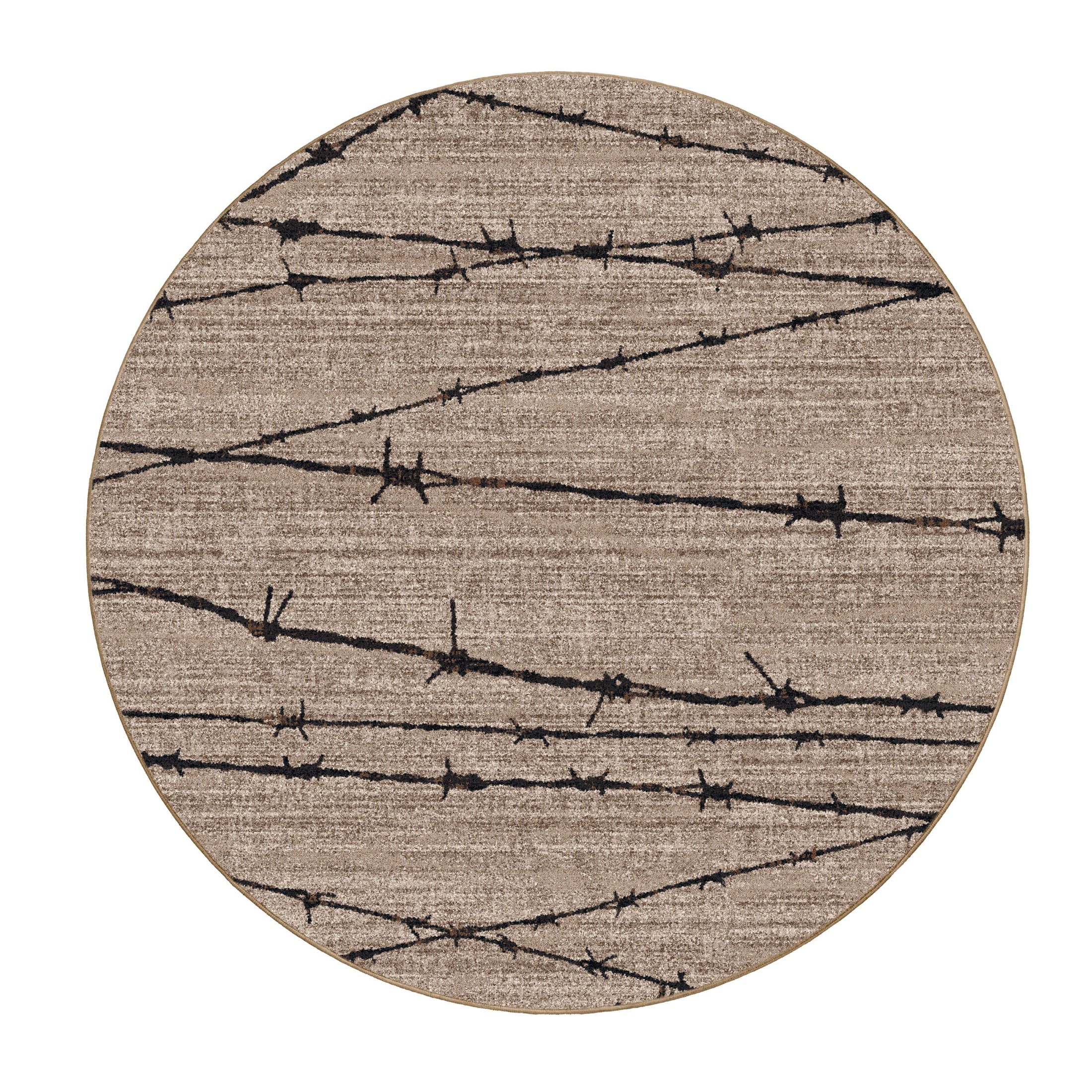 Round game room rug featuring barbed wire across a weathered, minimalist surface. Perfect for urban, design-forward, or storytelling spaces.