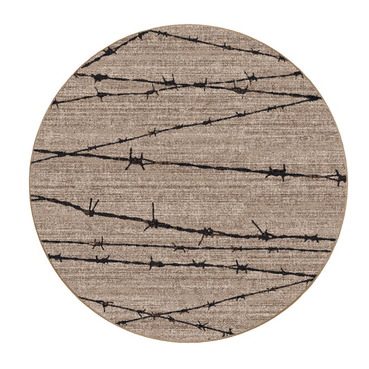 Round game room rug featuring barbed wire across a weathered, minimalist surface. Perfect for urban, design-forward, or storytelling spaces.