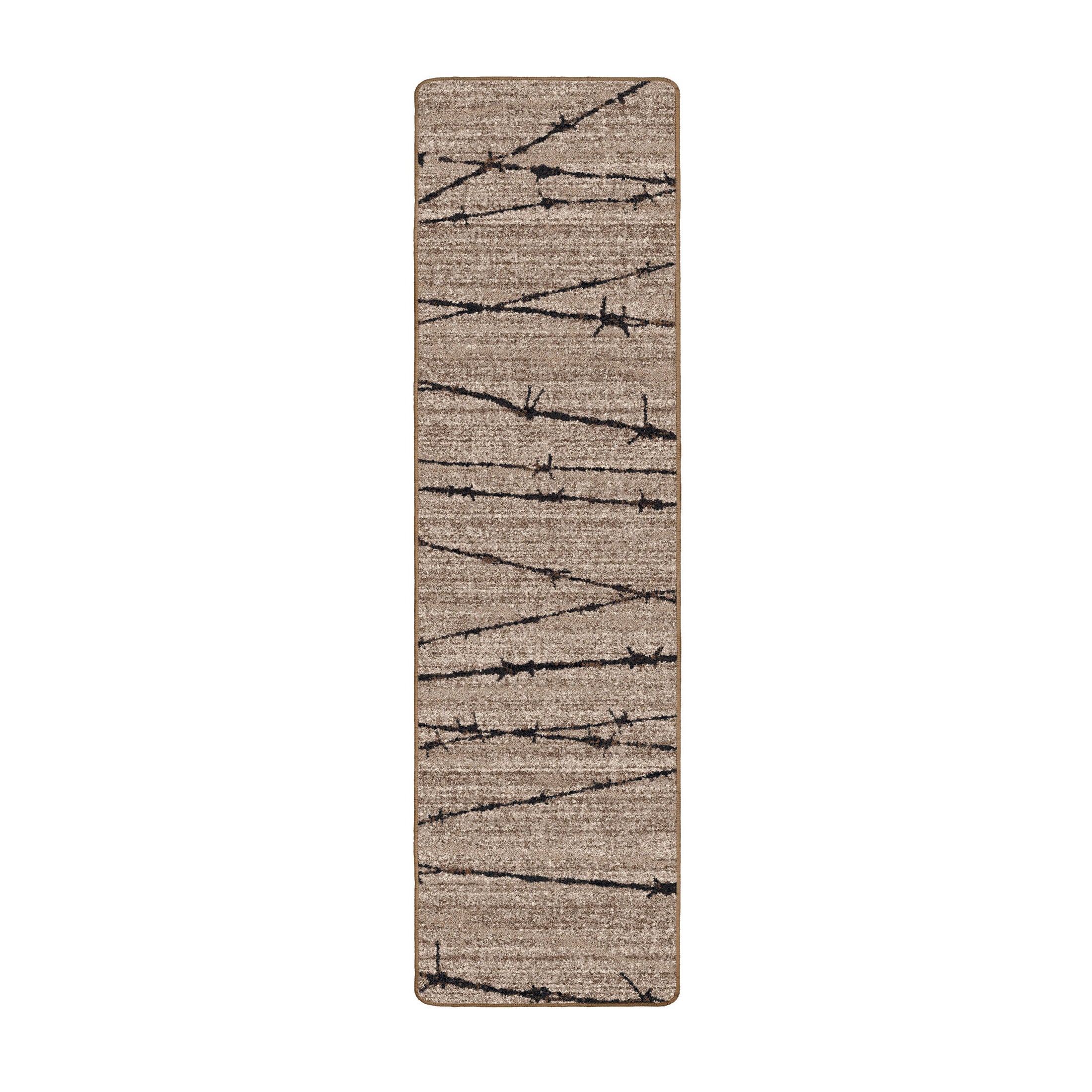 Runner-style game room rug with a subtle barbed wire pattern on a stone-gray base. Suited for narrow spaces, studio entryways, or minimalist setups.