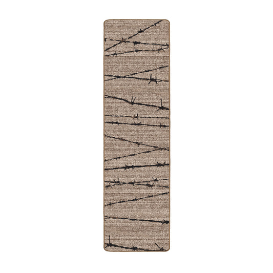 Runner-style game room rug with a subtle barbed wire pattern on a stone-gray base. Suited for narrow spaces, studio entryways, or minimalist setups.