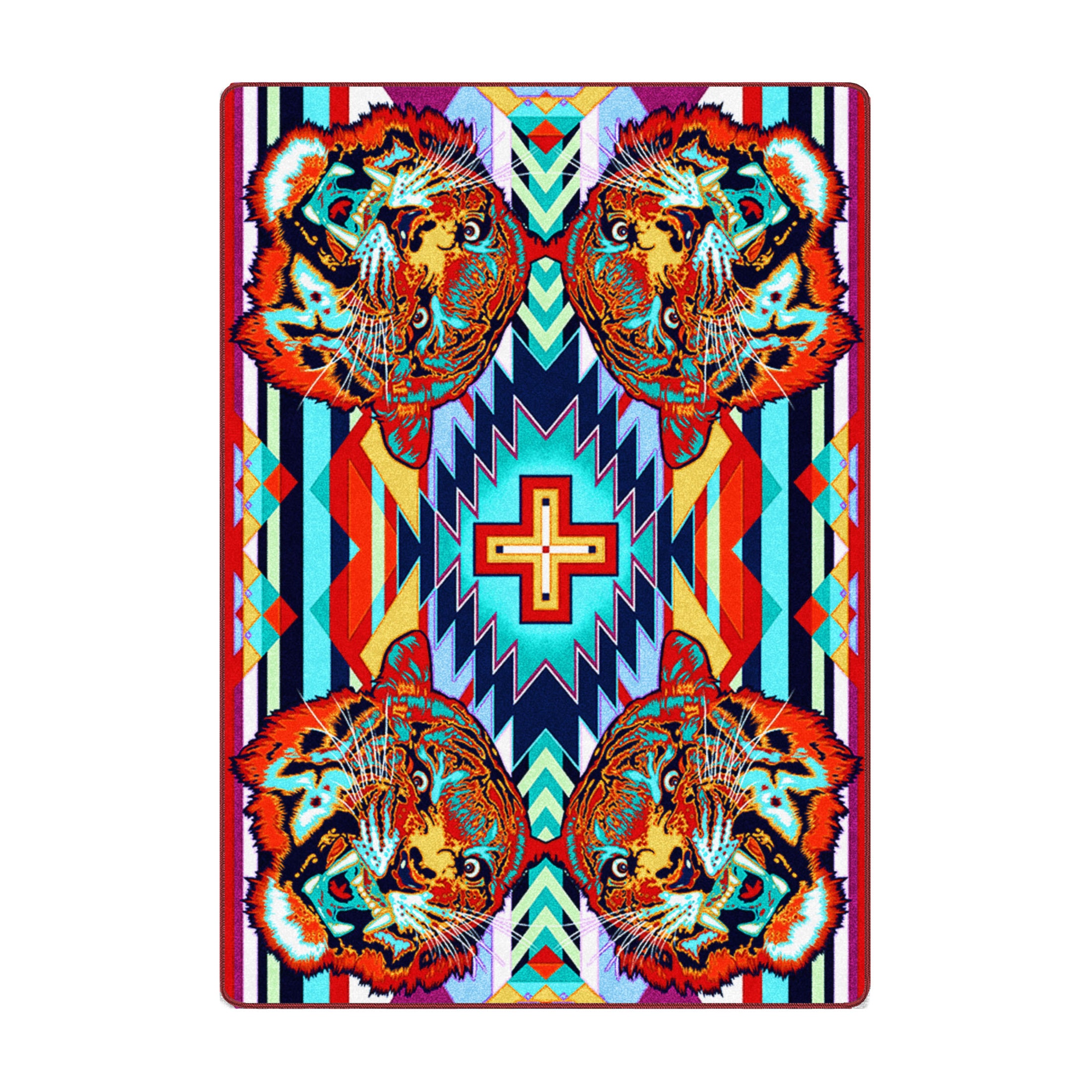 Tigergeist rug featuring mirrored neon tiger heads and bold geometric patterns—perfect for game rooms or statement interiors