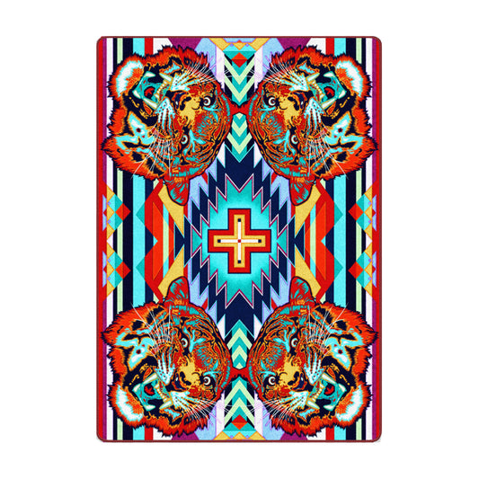 Tigergeist rug featuring mirrored neon tiger heads and bold geometric patterns—perfect for game rooms or statement interiors