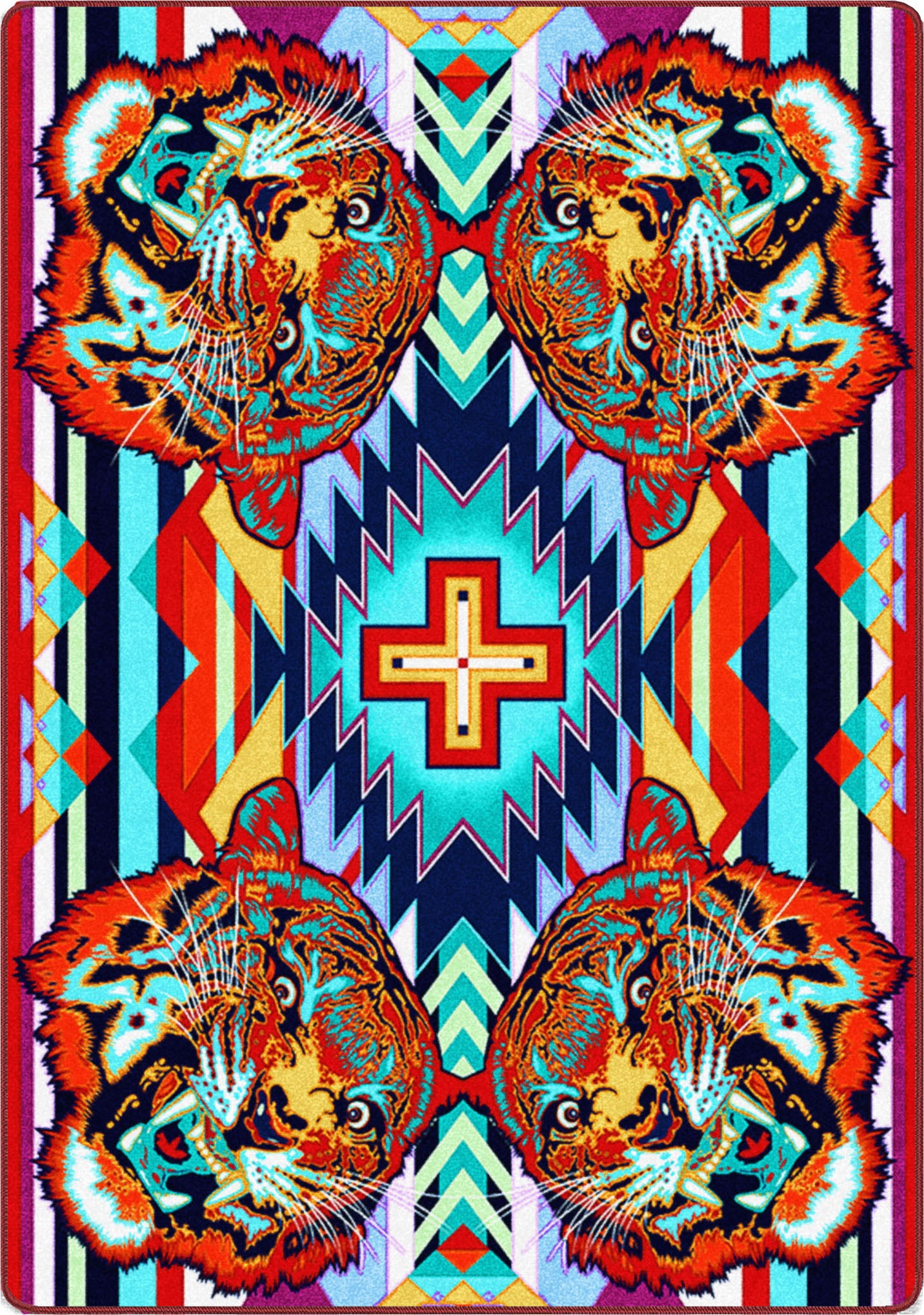 Colorful rug with tiger design and geometric patterns