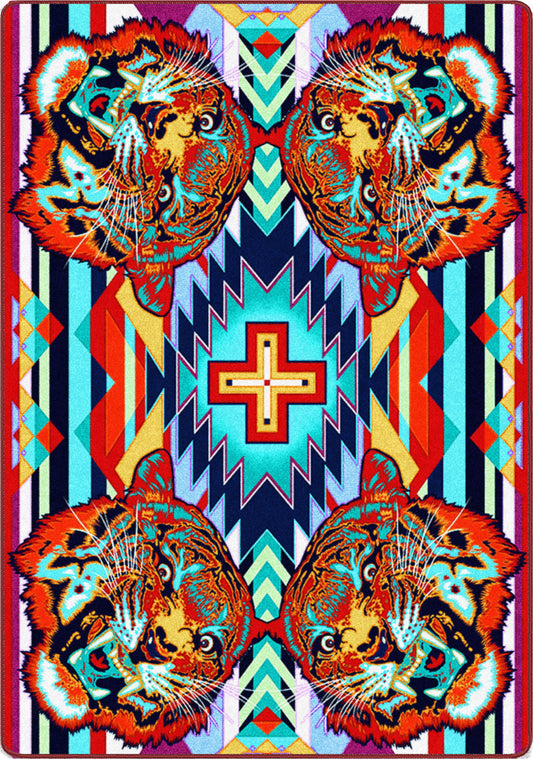 Colorful rug with tiger design and geometric patterns