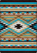 Load image into Gallery viewer, Rug with geometric pattern featuring triangles and stripes in brown, blue, and beige.