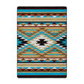 Load image into Gallery viewer, 5x8 area rug featuring a symmetrical tribal diamond pattern in turquoise, gold, rust, and black tones, inspired by sunlit desert trails and ancient signs