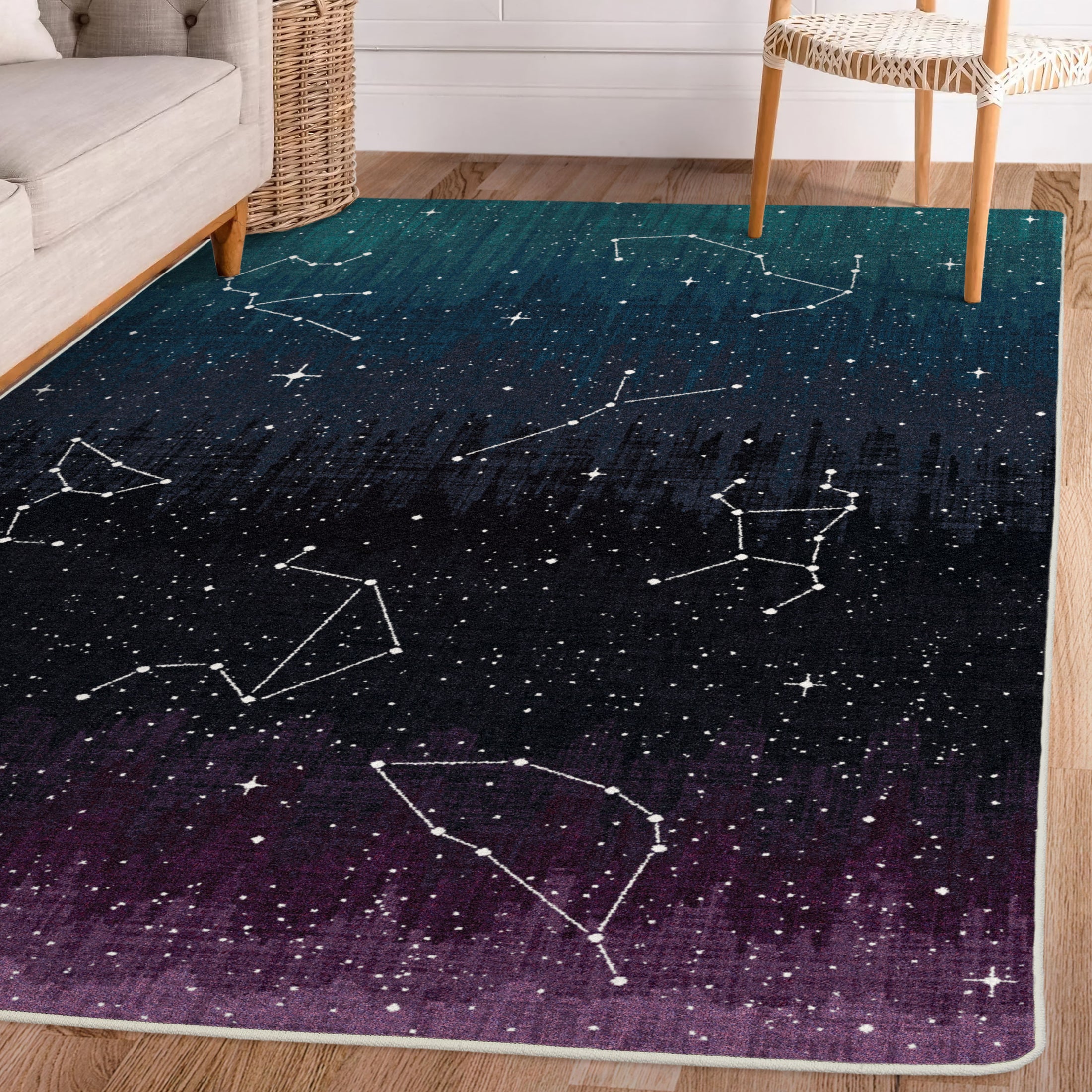 Constellation-themed area rug in a cozy room with wood floors and soft seating—styled for reading nooks, RPG tables, or celestial decor.